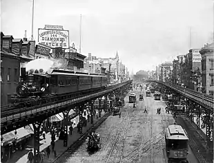 Dampfbetriebene Hochbahn der Third Avenue El in New York, 1896