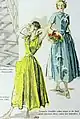 Modezeichnung eines Wickelkleides (vorn) im The Ladies' Home Journal, 1948