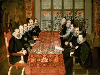 Linkes Bild: Unbekannter Maler, „Die Somerset House-Konferenz, 19. August 1604“, 1475–1483.Rechtes Bild: Kleingemusterter Holbeinteppich, Anatolien, 16. Jh.