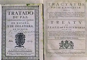 Erste gedruckte Ausgaben des Utrechter Vertrags: Spanisches Exemplar (1713) und eine lateinisch-englische Version (1714)