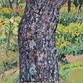 Theodor Gerkens, Birnbaumstamm mit Vegetation 2006/82, Eitempera auf Hartfaserplatte,60 × 60&nbsp;cm.