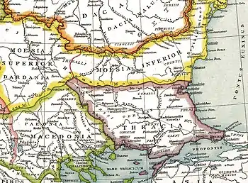 die römische Provinz Thrakien mit den Nachbarprovinzen Mazedonien und Mösien
