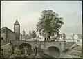 Die Tiefenhoflinde am Fröschengraben mit Äbtissinnen- / Werkhofturm um 1829