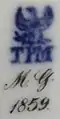 Marke: TPM und auf dem Kopf stehende Taube mit Lorbeerzweig im Schnabel,  Maler-Initialen mit Jahresangabe. 1848-1862.