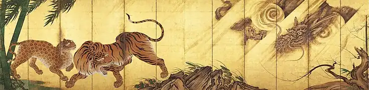 Stellschirmpaar „Drachen und Tiger“ (Kanō Sanraku)