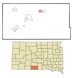 Lage von Mission im Todd County (unten) und in South Dakota (oben)
