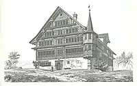 Das 1677 erbaute Haus in der Hochsteig ist der erste bekannte Strickbau mit Steilgiebel und klassischer Sparrendachkonstruktion. Das Haus fiel 1919 einem Brand zum Opfer.