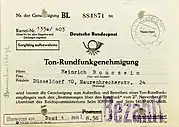 Ton-Rundfunkgenehmigung von 1958 gemäß „Bestimmungen über den Rundfunk“, 1931 (Vorderseite)