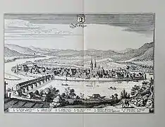Altstadt Säckingens mit dem Damenstift Säckingen vom Rhein umflossen, Kupferstich aus Topographia Alsatiae, Matthäus Merian