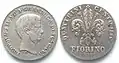 Eine in seinem Namen als Groß­herzog der Toskana geprägte Silber­münze: Fiorino 1856, Ref.: C# 72a