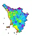 Toskana: Summe Tmed−20&nbsp;°C (<1000 bis ≥3000 Gradtage)