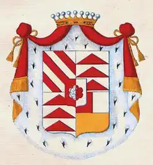 Gräfliches Wappen derer von Trauttmansdorff, altkolorierter Wappen-Kupferstich in Fürstenkolorit, aus Wappenbuch der Österreichischen Monarchie von 1835 von J. A. Tyroff. Band VII., Nr. 94