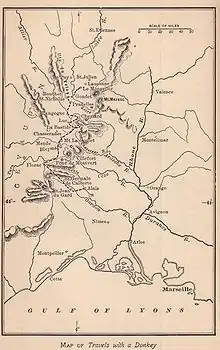 Routenkarte: Eine Reise mit dem Esel durch die Cevennen (1918)