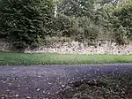 Trockenmauer Obstgarten von Belvedere mit einem Stück Rasen und angelegtem Wegstück