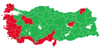 Ergebnisse des Verfassungsreferendums in den 81 Provinzen. grün: Zustimmung; rot: Ablehnung.