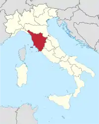 Karte Italiens, Toskana hervorgehoben