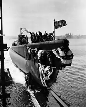 Die USS Corvina beim Stapellauf.