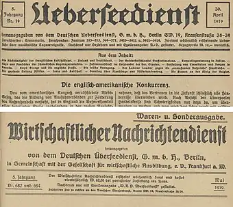 Titelköpfe Überseedienst und Wirtschaftlicher Nachrichtendienst 1919