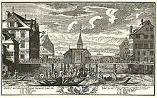 Zürcher Rathausbrücke, 1740: Küfer arbeiten auf dem Limmatstein an einem grossen Fass