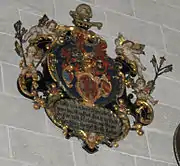 Ulm, Ulmer Münster, Totenschild des Marx Christoff Welser (* 1589; † 1649); Stammvater der Ulmischen Linie der Welser mit Wappen der Welser und Beiwappen der Baldinger und Krafft
