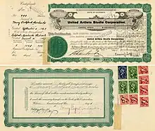 Aktie der United Artists Studio Corporation über 999 Anteile zu je 100 $, ausgestellt am 4. September 1929 auf Mary Pickford Fairbanks und rückseitig im Original von ihr unterschrieben (unteres Bild)