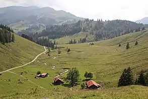 Blick vom oberen ins untere Arzmoos (Nord nach Süd), im Hintergrund Traithenkulisse mit dem Skigebiet Sudelfeld und seinen Anlagen.