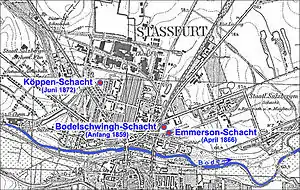Lage der unvollendeten Abteufschächte des preußischen Fiskusim Stadtgebiet von Staßfurt.