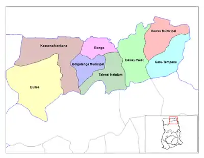 Lage des Distrikts Tempane innerhalb der Upper East Region