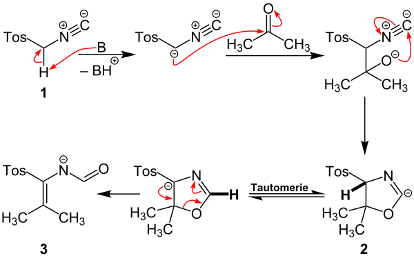 Erster Teil des Reaktionsmechanismus der Van-Leusen-Reaktion