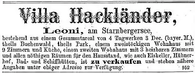 Verkaufsanzeige für die Villa Hackländer, 1877.