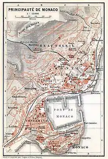 Historische Karte von Monaco und Beausoleil. Die Zahnradbahn La Turbie–Monte Carlo ist in der Mitte der oberen Hälfte ersichtlich