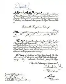 Verleihungsurkunde zum Honorary Knight Commander of the Royal Victorian Order (KCVO)
