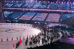 Einlauf der US-amerikanischen Mannschaft ins Stadion bei der Eröffnungsfeier der Olympischen Winterspiele 2018