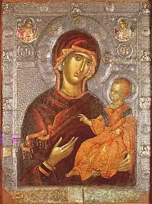 Byzantinische Doppelikone (Konstantinopel, Anfang des 14.&nbsp;Jahrhunderts): Avers mit der Muttergottes als Seelenretterin