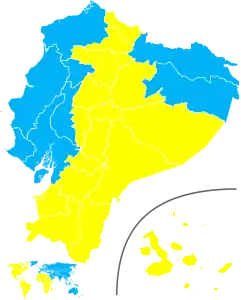 Mehrheiten in den Provinzen; hellblau: González, gelb: Noboa
