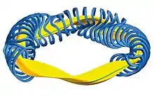 Wendelförmig gewundener Plasmakern (gelb) eines Stellarators, hier des Experimental-Fusionsreaktor Wendelstein 7-X