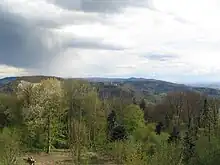 Hinter dem Rhyolith-Wachenberg (links) das Granit-Granitoid-Gebiet zwischen Weinheim (Geiersberg) und Schriesheim vom Hirschkopf aus, dahinter: Buntsandstein-Berge (Weißer Stein mit Turm) nördlich Heidelbergs.