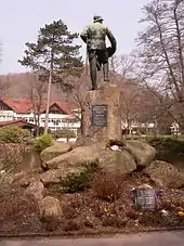 Zu sehen ist die Wissmann-Statue von hinten