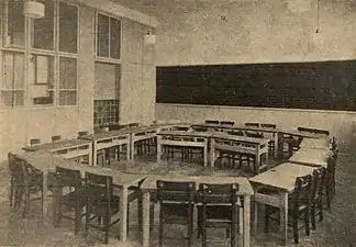 Klassenraum mit Vitrinen und Holzmöbeln, 1931