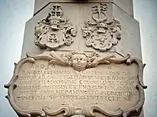 Waghäusel, Gedenkstein zur Erbauung des Kapuzinerklosters, 1640, durch Caspar Bamberger von Rauhenberg und seine Gattin Anna Hund von Saulheim
