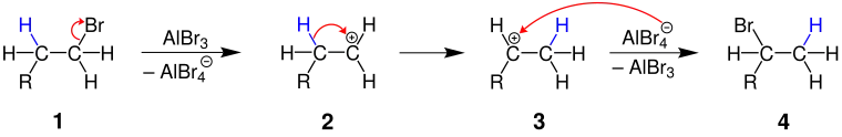 Isomerisierung eines Halogenalkans.R ist ein Organylrest.