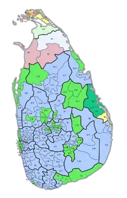 Mehrheiten (stimmenstärkste Parteien) in den 160 Stimmbezirken:﻿United National Party (UNP)﻿UNP, Wahlbeteiligung unter 2 %﻿People’s Alliance (PA)﻿PA, Wahlbeteiligung unter 2 %﻿Tamil United Liberation Front (TULF)﻿United National Alliance (NUA)﻿Eelam People’s Democratic Party (EPDP)﻿Tamil Eelam Liberation Organisation (TELO)﻿All Ceylon Tamil Congress (ACTC)