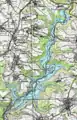 Verlauf des Wahnbachs und der Wahnbachtalstraße um 1950 und überlagert der heutige Stausee.