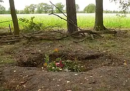 Auffindestelle in einer Erdgrube, nachträglich mit Trauerschmuck versehen