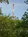 Der rot-weiß gestrichene Sendeturm auf dem Parkgelände des Studios Franken ist 108 m hoch.