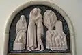 Wandbrunnen-Tympanon, Priesterseminar Rottenburg 1956, Jakob trifft Rahel am Brunnen, glasiertes Keramikrelief