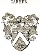 Stammwappen nach Siebmacher mit anderer Tingierung (Sparren silber, Kreuze u. Lilie Gold, Decken blau-gold)