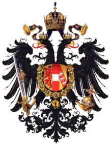 Kleines Wappen Kaisertum Österreich 1815Der Doppeladler hält Reichsschwert und Szepter in den Fängen, im Brustschild Habsburg-Lothringen mit dem Orden vom Goldenen Vlies.