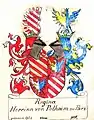 Gemehrtes Wappen der Regina Herrin von Polheim zu Parz,  Zeichnung (ca. 1890) von Ernst Graf Sprin­zen­stein (&nbsp;Familien­archiv Sprinzen­stein&nbsp;)
