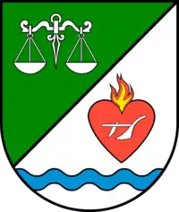 Wappen der Ortschaft Schartau (Schräglinksgeteilt vorn in Grün eine silberne Waage, hinten in Silber über gesenktem blauen Wellenbalken ein rotes brennendes Herz belegt mit einem silbernen Pflug)